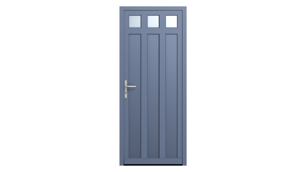 Porte d'entrée bois THIERS 3 Porte d'entrée dans les tons bleus avec 3 petits carrés vitrés ainsi que décor formes géométriques